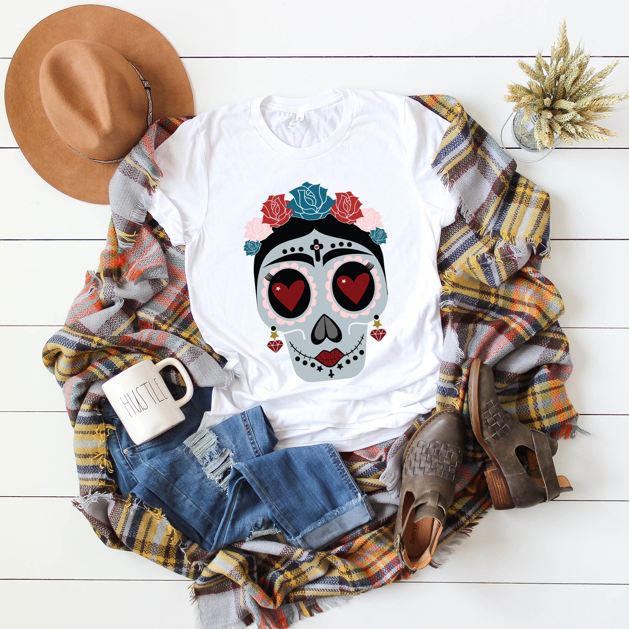 Dia De Los Muertos Flower Hearts Sugar Skull Halloween Shirt