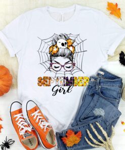 September Pumpkin Girl Face Wink Eyes Halloween Skull Shirt