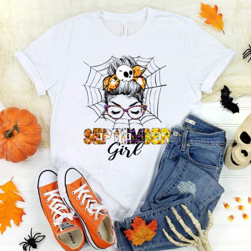 September Pumpkin Girl Face Wink Eyes Halloween Skull Shirt