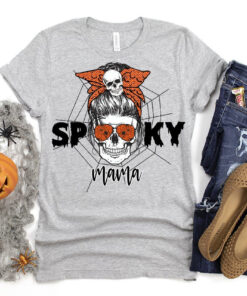 Messy Bun Halloween Shirt Women Spooky Mama Skeleton Skull