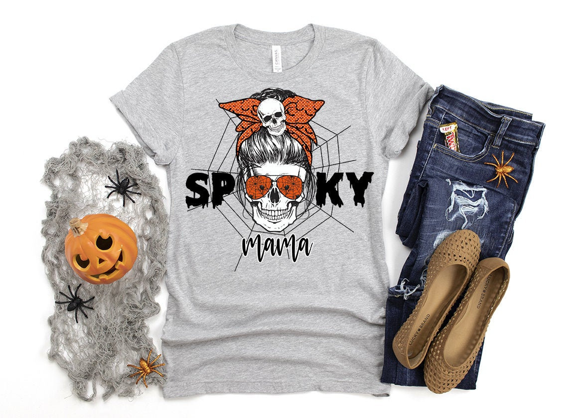 Messy Bun Halloween Shirt Women Spooky Mama Skeleton Skull