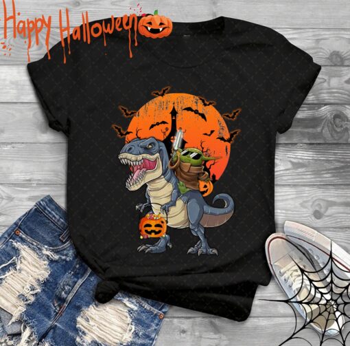 Baby Yoda Riding Dinosaur Halloween Party Shirt