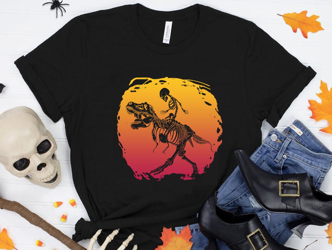 Costume Skeleton Riding Dinosaur Party Gift Halloween Shirt