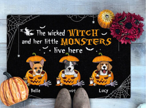 Cute Dog In Pumpkin Wicked Witch Halloween Doormat