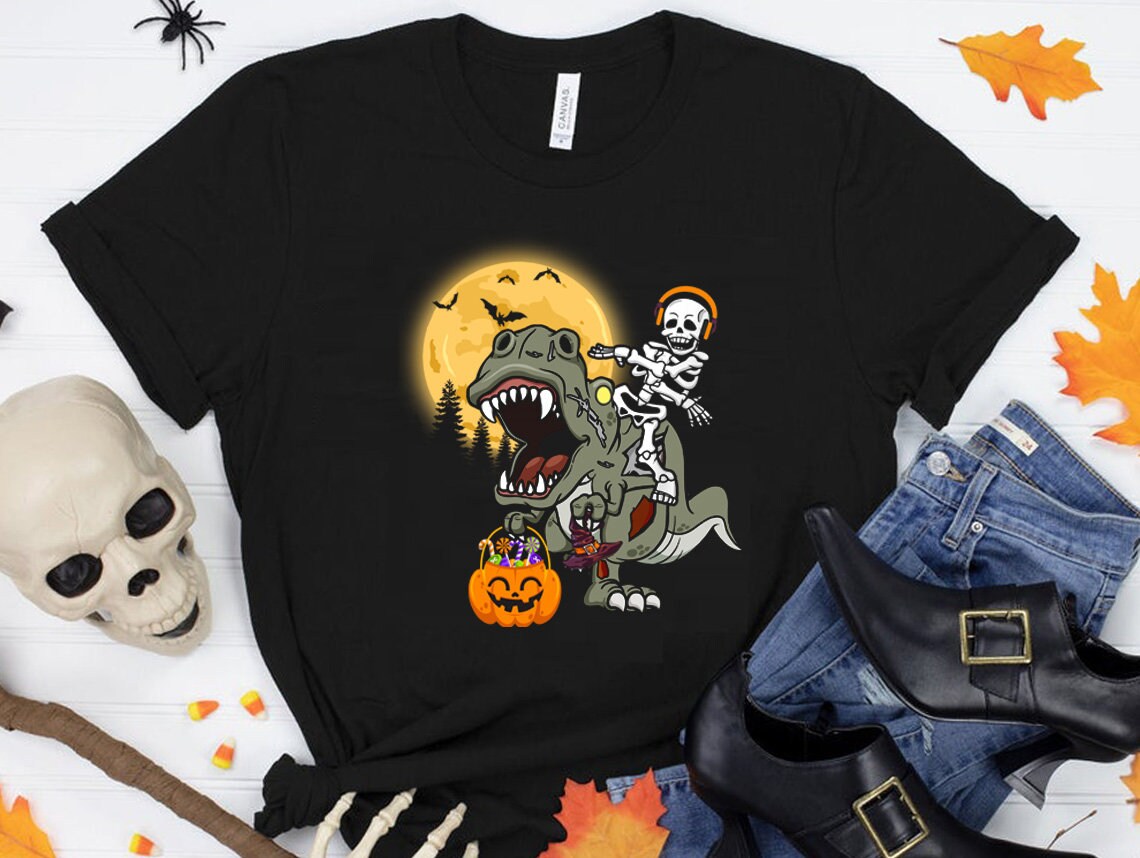 Dancing Skeleton Riding Dinosaur Boys Baby Gift Halloween Shirt
