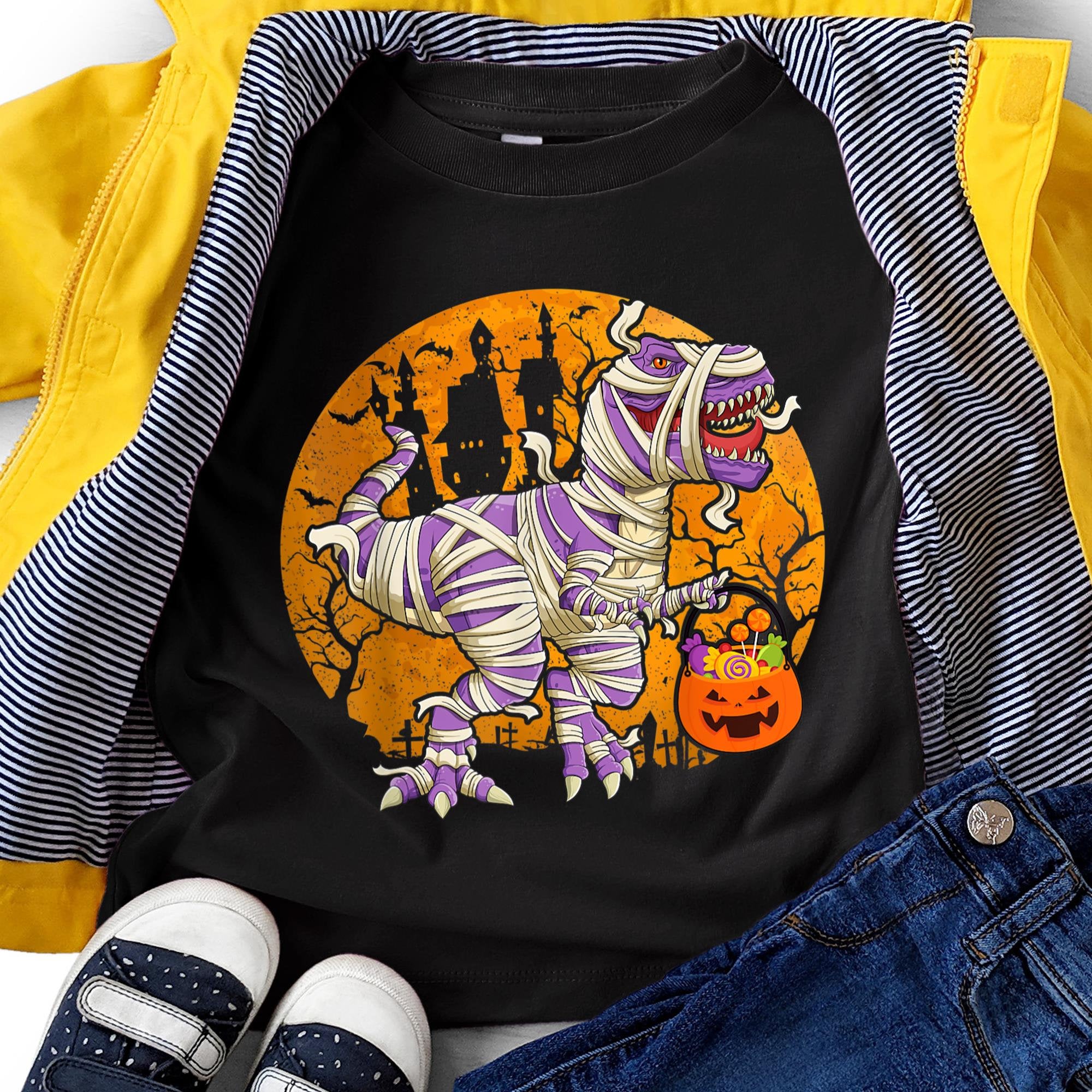 Dinosaur T Rex Mummy Pumpkin With Moon Halloween Shirt