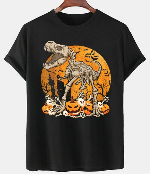 Dinosaur T Rex Skeleton Pumpkin With Moon Halloween Shirt