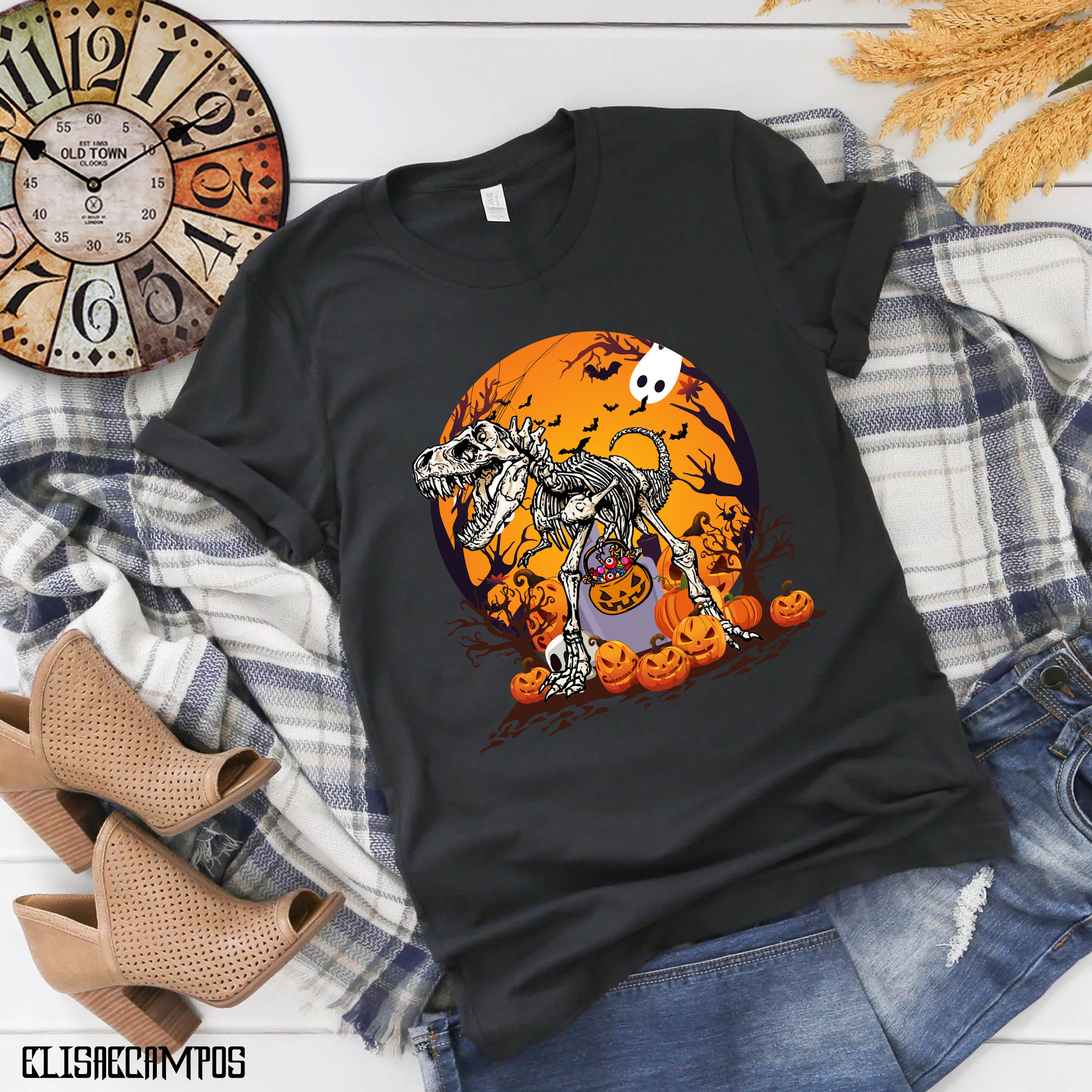 Dinosaur T Rex Skeleton Pumpkin With Moon Halloween Costume Shirt
