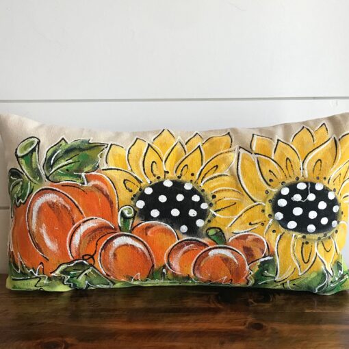 Fall Pumpkins And Sunflowers Lumbar Hand Painted Pillow