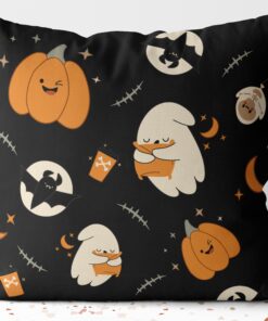 Halloween Jack O'lantern Bats Sleepy Ghosts Orange Dark Decor Square Pillow Cover Throw with Insert