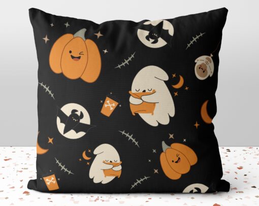 Halloween Jack O’lantern Bats Sleepy Ghosts Orange Dark Decor Square Pillow Cover Throw With Insert