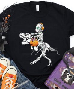 Halloween Mummy Riding Dinosaur T Rex Shirt