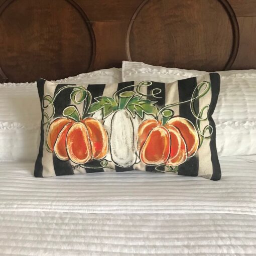 Striped Lumbar Orange And White Pumpkins Pillow