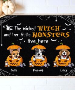 Cute Dog in Pumpkin Wicked Witch Halloween Doormat