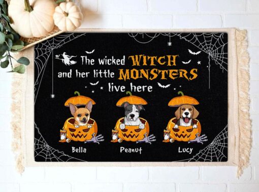 Cute Dog In Pumpkin Wicked Witch Halloween Doormat
