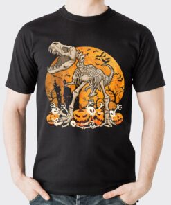 Dinosaur T rex Skeleton Pumpkin With Moon Halloween Shirt