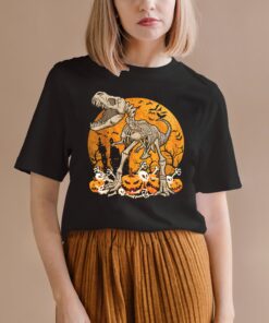 Dinosaur Skeleton Pumpkin With Moon Halloween Gift Shirt
