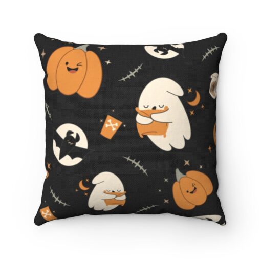 Halloween Jack O’lantern Bats Sleepy Ghosts Orange Dark Decor Square Pillow Cover Throw With Insert