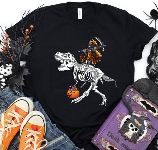 Skeleton Grim Reaper Riding Dinosaur T Rex Halloween Shirt