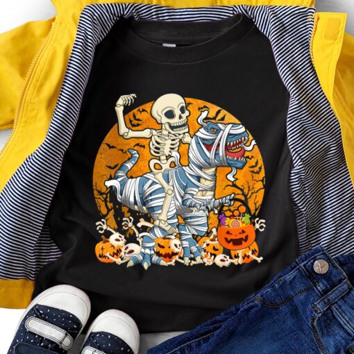 Skeleton Riding Dinosaur Mummy Pumpkin Halloween Shirt Gift
