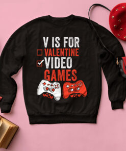 V Is For Video Games Gamer Valentines Day Shirt Retro Heart