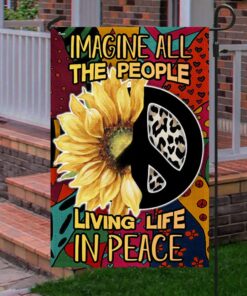 Hippie Sunflower Peace Sign Imagine All The People Living Life In Flag