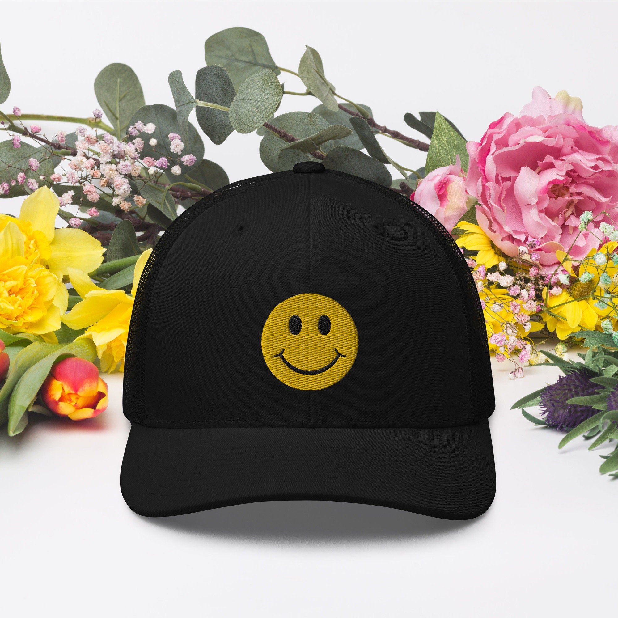 Smiley Face Embroidered Trucker Hat